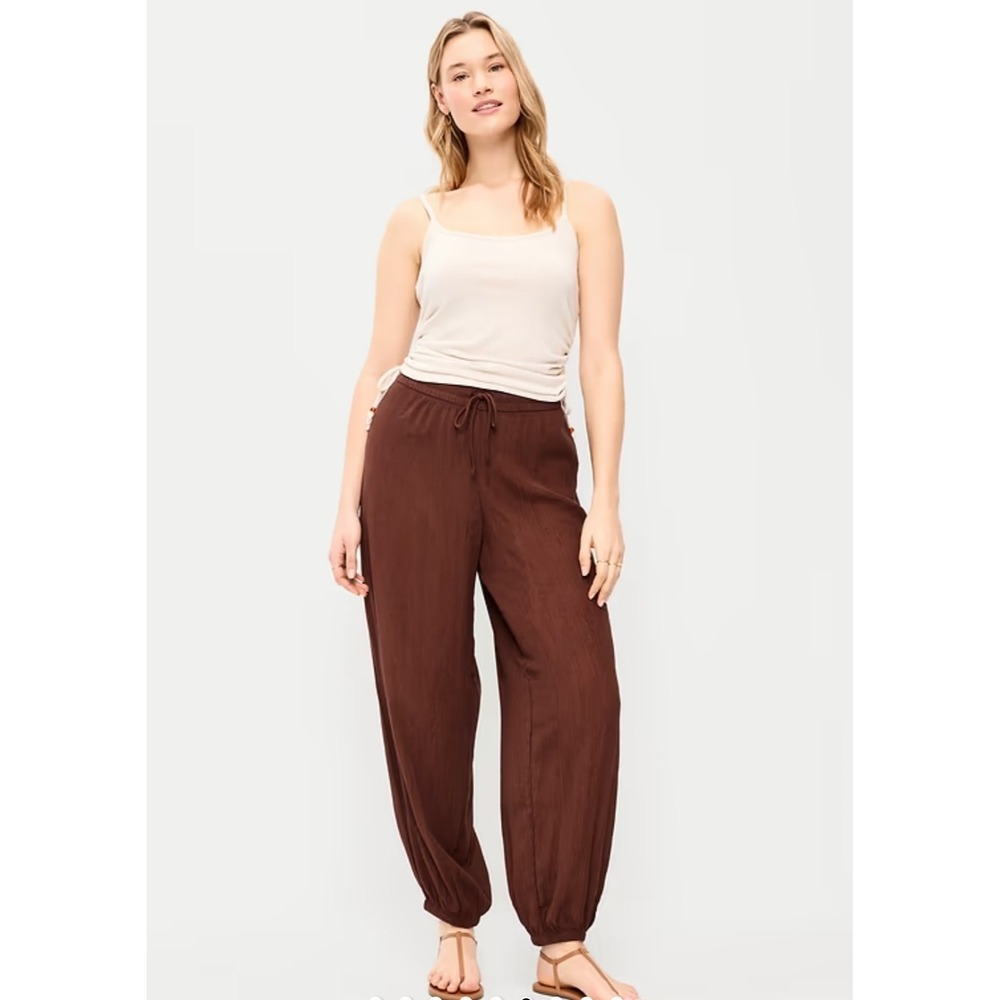 Old Navy High Waisted Crinkle Balloon Harem Pants Womens Sz L Brown Sheer Crepe